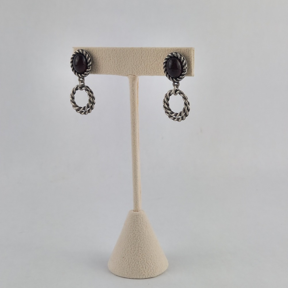 Vintage Silver Tone Red Cabochon Twisted Rope Double Hoop Drop Earrings - Picture 2 of 7